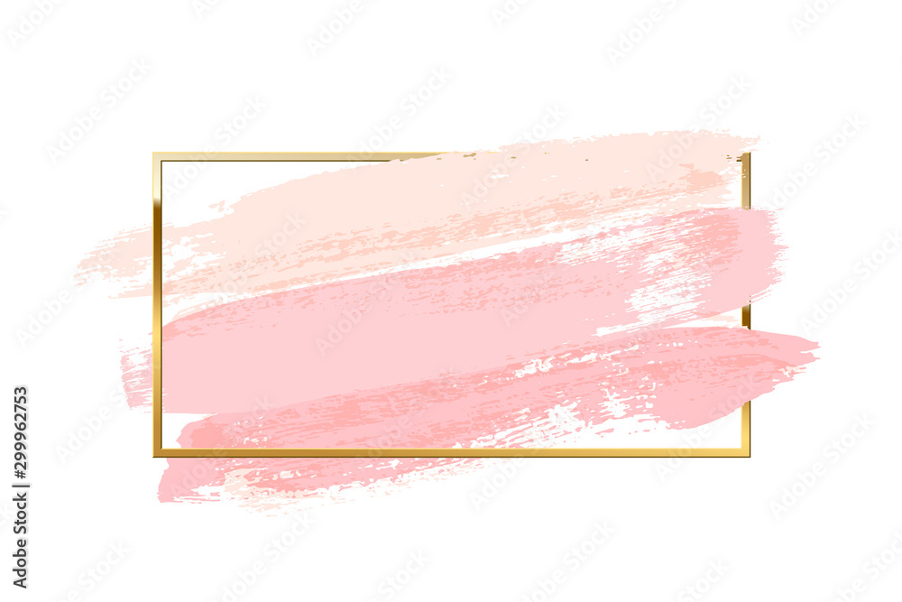 Pastel pink brush strokes with rectangle golden frame isolated on white ...