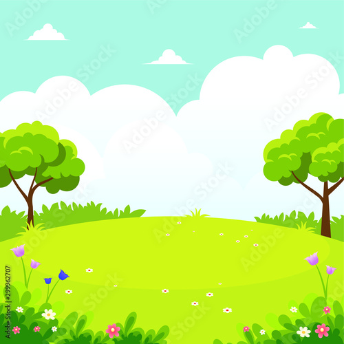 Green field or park with beautiful scenery landscape  suitable for kid background  cover  flyer with cartoon style