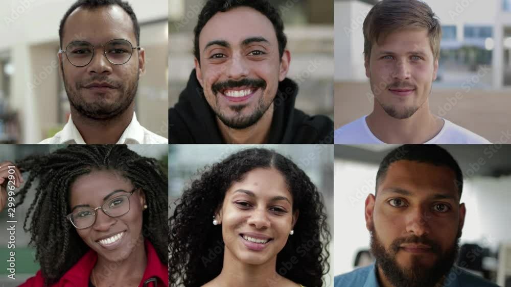 Diverse young people looking at camera. Split screen collage of happy attractive multiethnic men and women standing and smiling at camera. Facial expression concept Diverse young people looking at camera. Split screen collage of happy attractive multiethnic men and women standing and smiling at camera. Facial expression concept