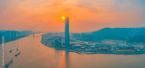 The dusk scenery of Zhuhai Central Building and Hengqin Financial Base in Guangdong photo