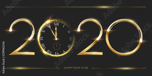 Golden 2020 number with watch vector illustration