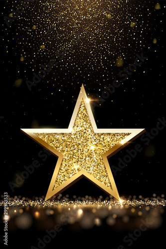 Golden sparkling star isolated on dark vertical luxury background. Vector design element.