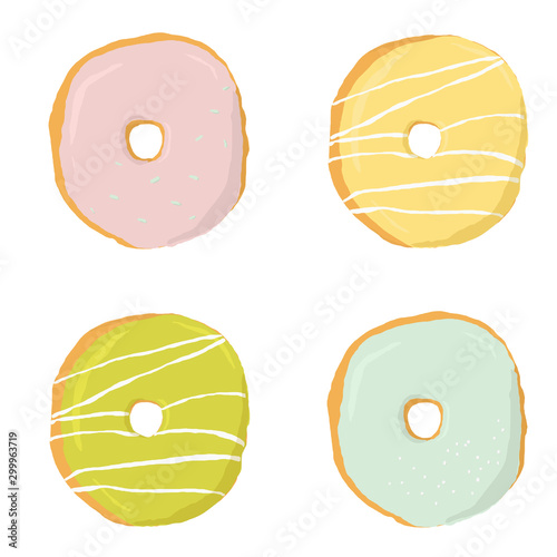 Delicious glazed donuts . Isolated illustrations set. Sweet background