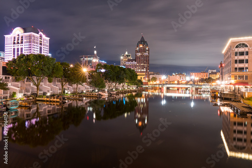 Milwaukee, Wisconsin Night Skyline along the Milwaukee River