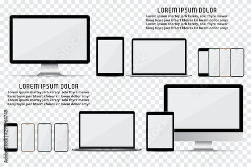 Set of computer monitor, laptop, smartphone and tablet with empty screen on a transparent background