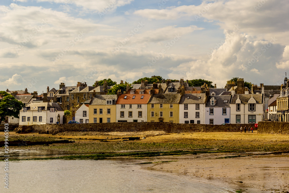 Arbroath, the beach and colorful houses on a suny Summer, Scotland, UK