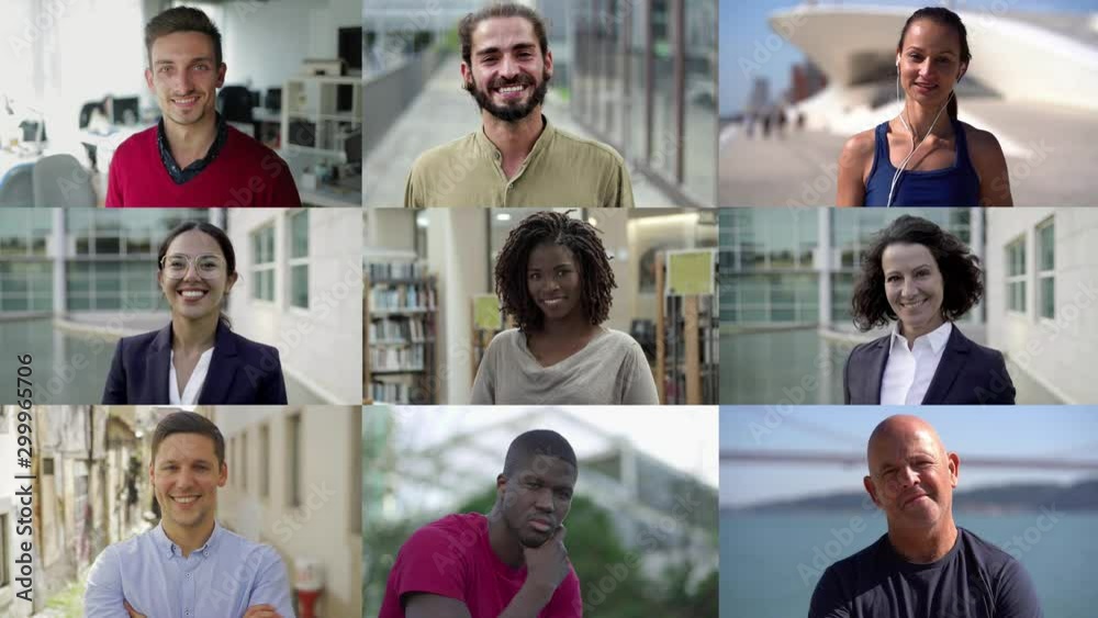 Collage of cheerful diverse people looking at camera. Multiscreen montage of cheerful young and elderly diverse people smiling at camera. Emotion concept Collage of cheerful diverse people looking at camera. Multiscreen montage of cheerful young and elderly diverse people smiling at camera. Emotion concept