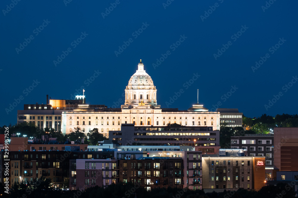 Facade of the Minnesota State Capitol Building in St Paul at night