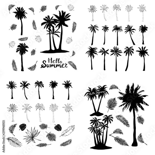 palm tropical tree set icons black silhouette vector illustration isolated on white background