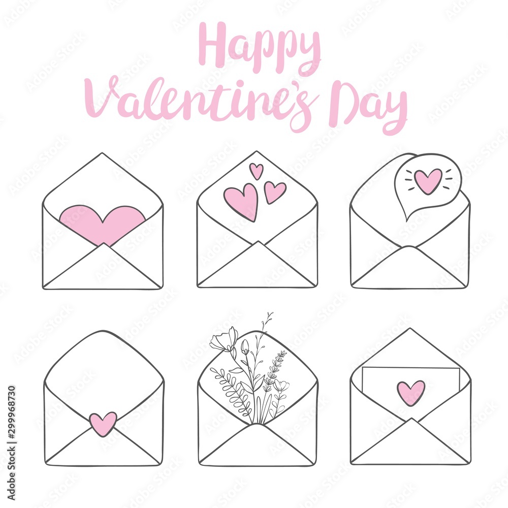 Valentine's day clip art. Envelope with hearts, stamps and hearts, love postcard with letters. Flying heart with wings. Vector illustration