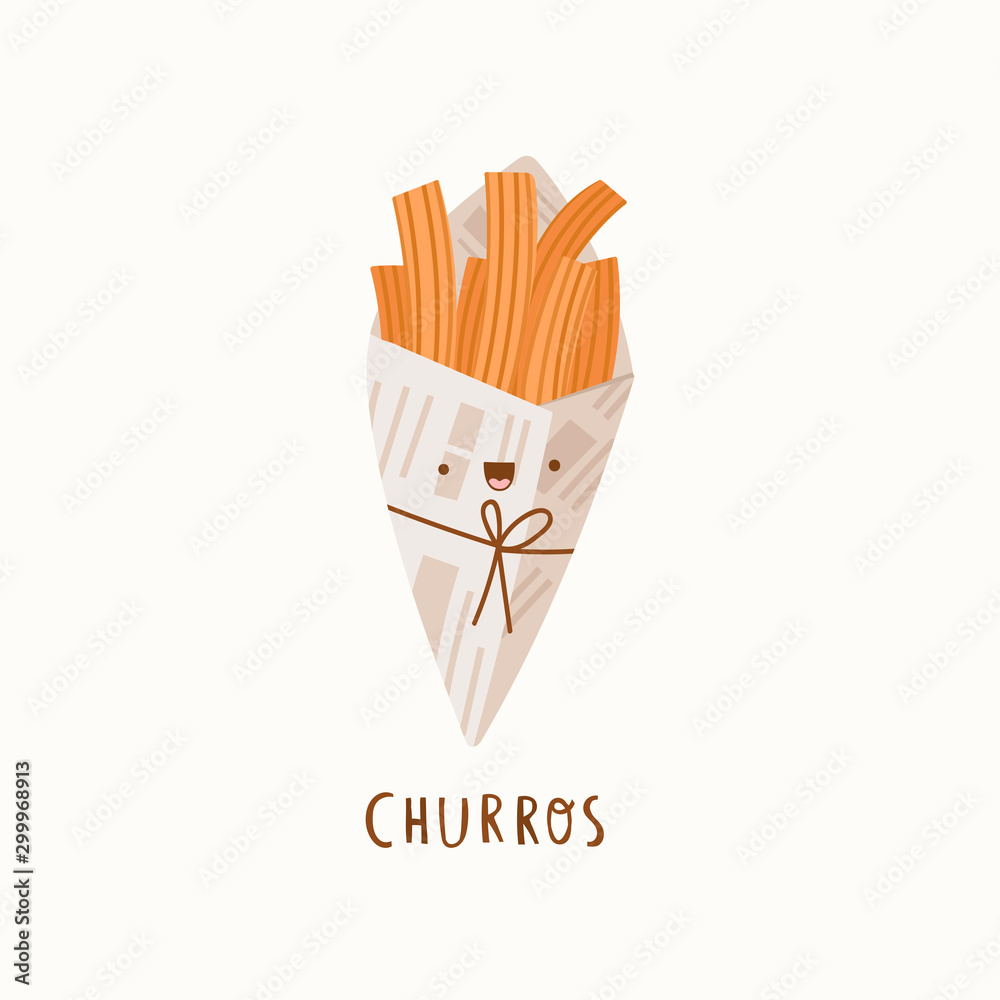 Tasty sweet or salty churros. Paper cup or napkin with kawaii face.  Traditional spanish food. Fried dough. Tejeringos. Hand drawn colored  trendy vector illustration. Cartoon style. Flat design Stock Vector | Adobe