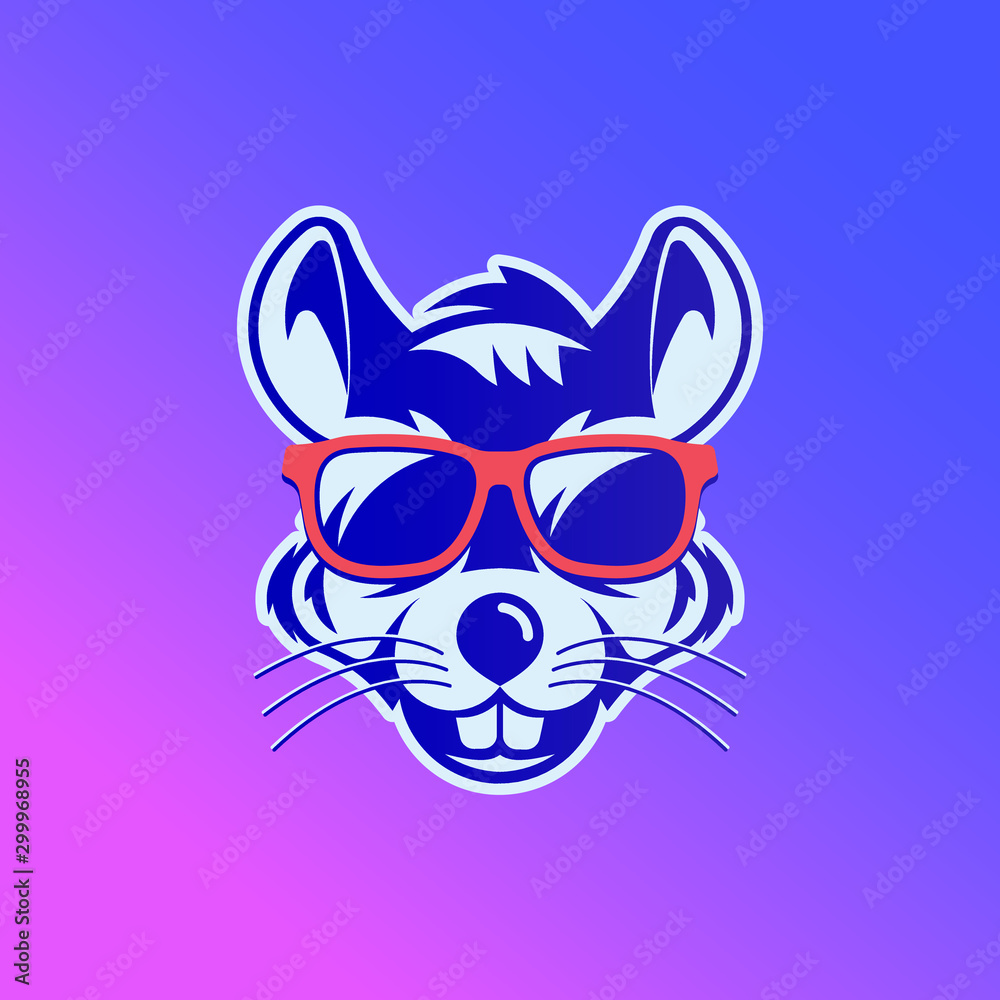 Obraz premium 2020 Chinese New Year, the face of a rat in sunglasses, in the style of a cartoon in trend colors with a cute face in a minimalist style. For print ads and web design, vector illustration.