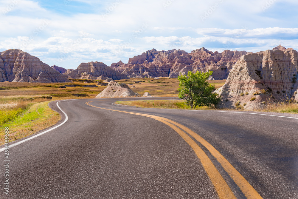 Winding road through Badlands National Park in South Dakota Winding road through Badlands National Park in South Dakota