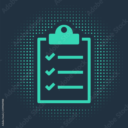 Green Clipboard with checklist icon isolated on blue background. Abstract circle random dots. Vector Illustration