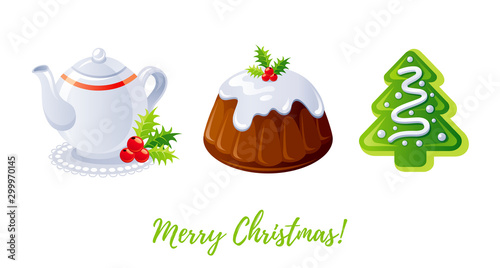 Christmas pudding, gingerbread cookie and tea icon set. Holly berry cake, teapot, Christmas tree biscuit. Sweet dessert cartoon design element. Xmas vector illustration isolated on white background.