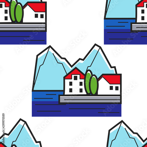 Montenegrin landscape seamless pattern house on shore and mountains