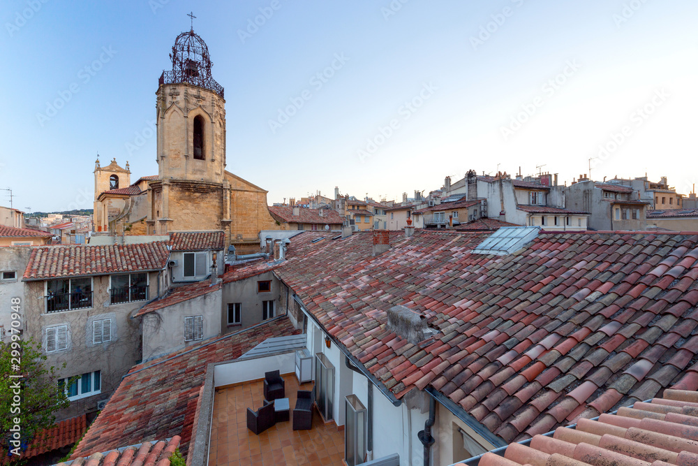 Aix-en-Provence. View of the tiled roofs of the old city at dawn.