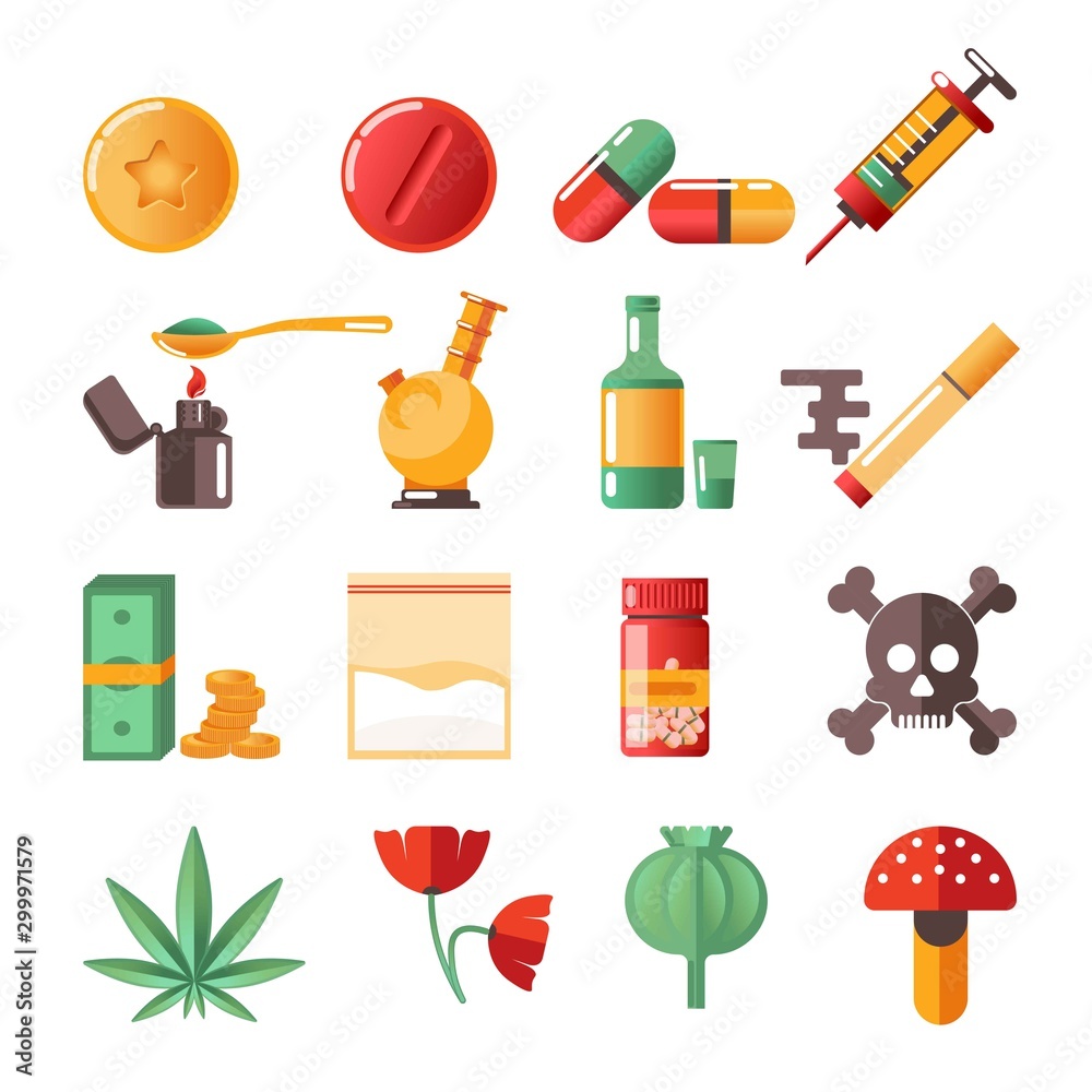 Drugs isolated icons marijuana and heroine cocaine and ecstasy