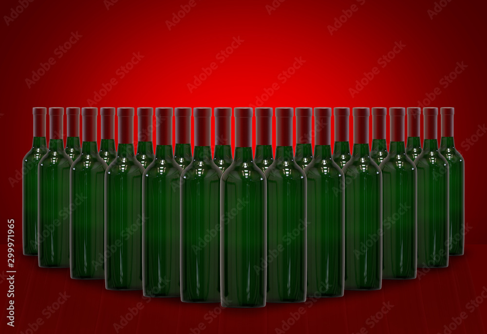 3d rendering. Green bottle of red wine row on red gradient wall background. 3d rendering. Green bottle of red wine row on red gradient wall background.