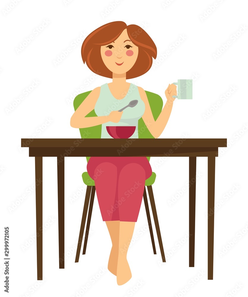 Woman having breakfast at table isolated female character Woman having breakfast at table isolated female character