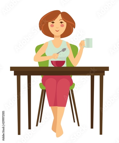 Woman having breakfast at table isolated female character