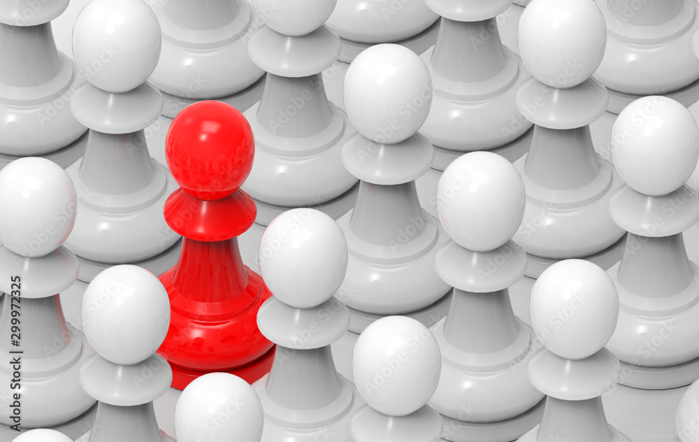 3d rendering. A red among simple white chesses group, leadership in business concept. 3d rendering. A red among simple white chesses group, leadership in business concept.
