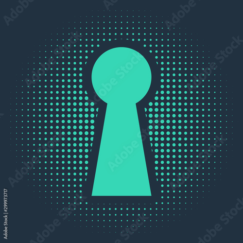 Green Keyhole icon isolated on blue background. Key of success solution. Keyhole express the concept of riddle, secret, safety, security. Abstract circle random dots. Vector Illustration