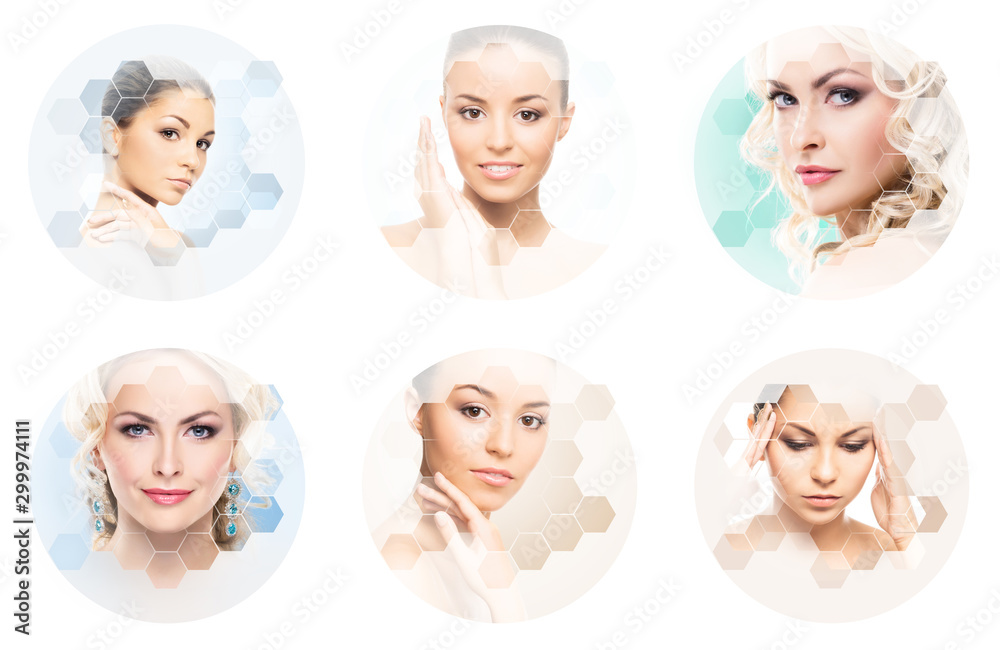 Collage of female portraits. Healthy faces of young women. Spa, face lifting, plastic surgery collage concept. Collage of female portraits. Healthy faces of young women. Spa, face lifting, plastic surgery collage concept.