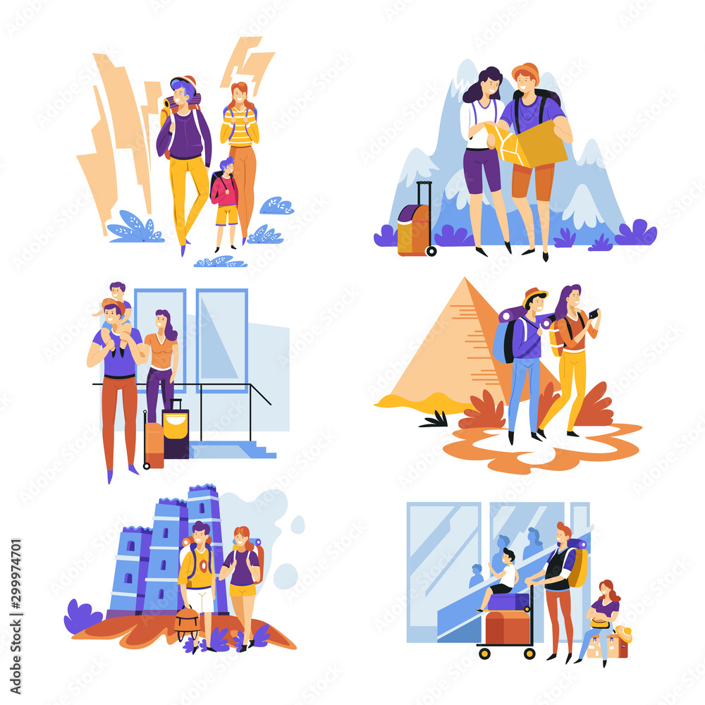Tourism and traveling couples and families vacation and holidays isolated characters Tourism and traveling couples and families vacation and holidays isolated characters