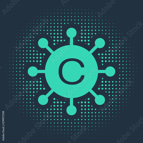 Green Copywriting network icon isolated on blue background. Content networking symbol. Copyright sign. Copywriting network sign. Abstract circle random dots. Vector Illustration