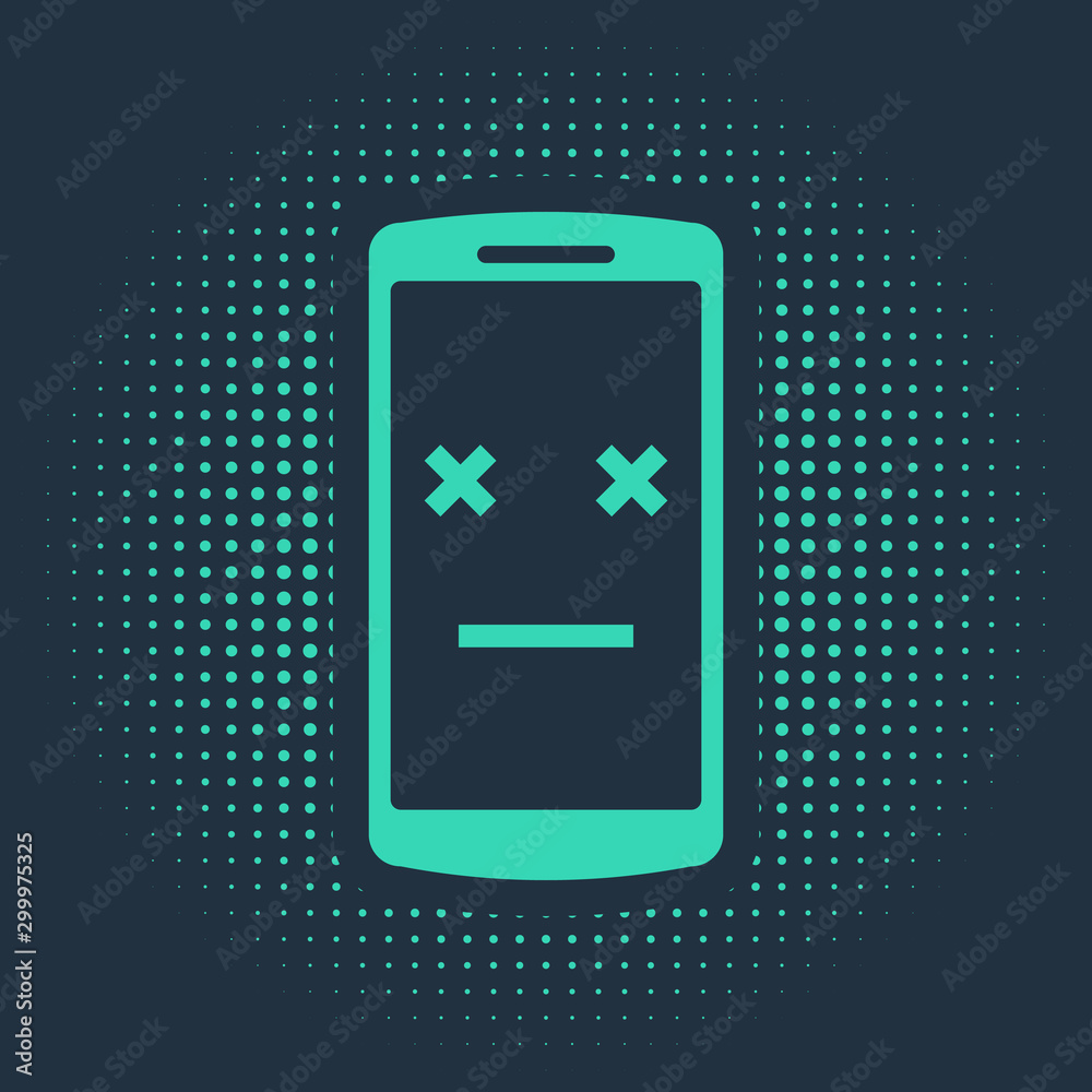 Green Dead phone icon isolated on blue background. Deceased digital device  emoji symbol. Corpse smartphone showing facial emotion. Abstract circle  random dots. Vector Illustration Stock Vector