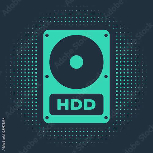 Green Hard disk drive HDD icon isolated on blue background. Abstract circle random dots. Vector Illustration