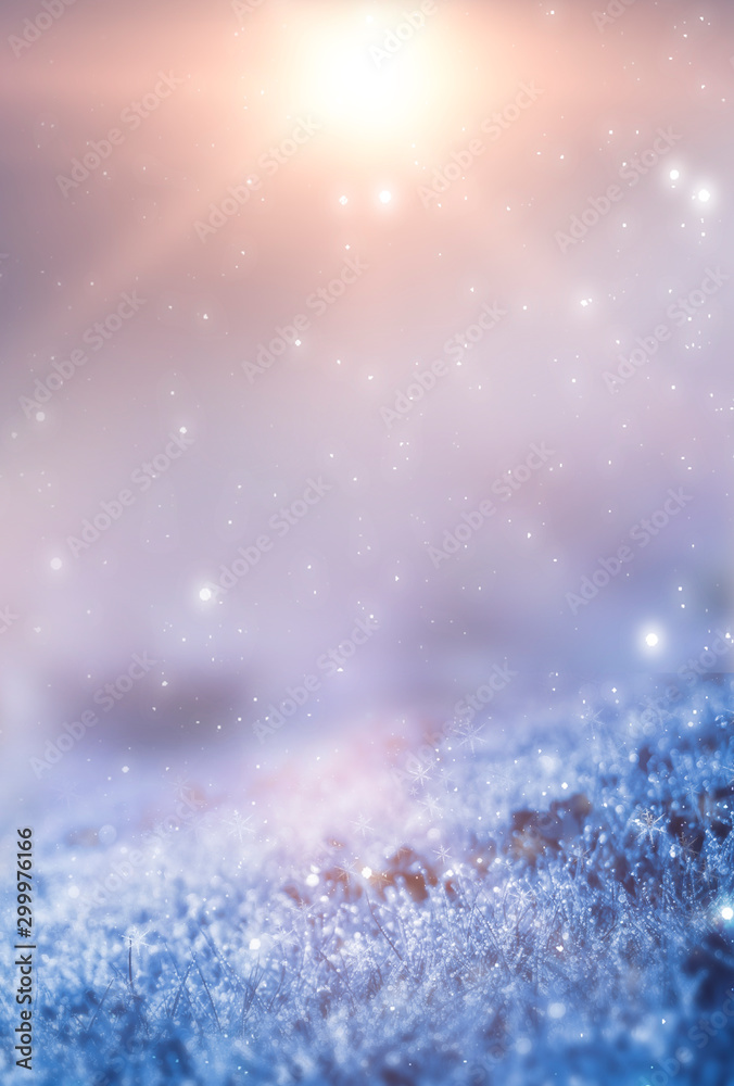 Obraz premium Empty snowy scene. Abstract winter background. Frost, snowflakes. Sunlight in the winter.