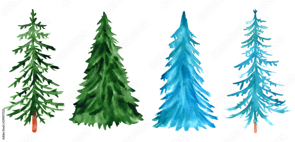 Watercolor set of hand-drawn green and blue Christmas trees, pines. New Year holiday illustration isolated on a white background.