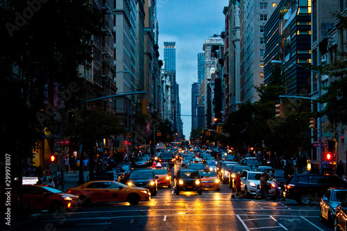 New-York street with many cars eveninng or night