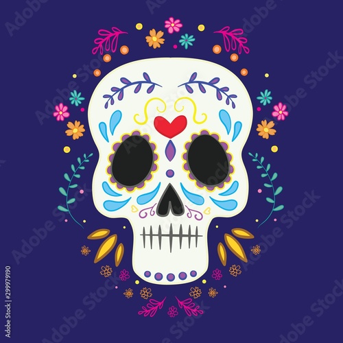 Vector illustration of an ornately decorated Day of the Dead (Dia de los Muertos) sugar skull, or calavera.