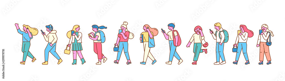 Group of male and female cartoon characters walking with mobile phones. Horizontal banner. Young men and women holding smartphones, talking. Modern city people.Flat design line style minimal vector Group of male and female cartoon characters walking with mobile phones. Horizontal banner. Young men and women holding smartphones, talking. Modern city people.Flat design line style minimal vector