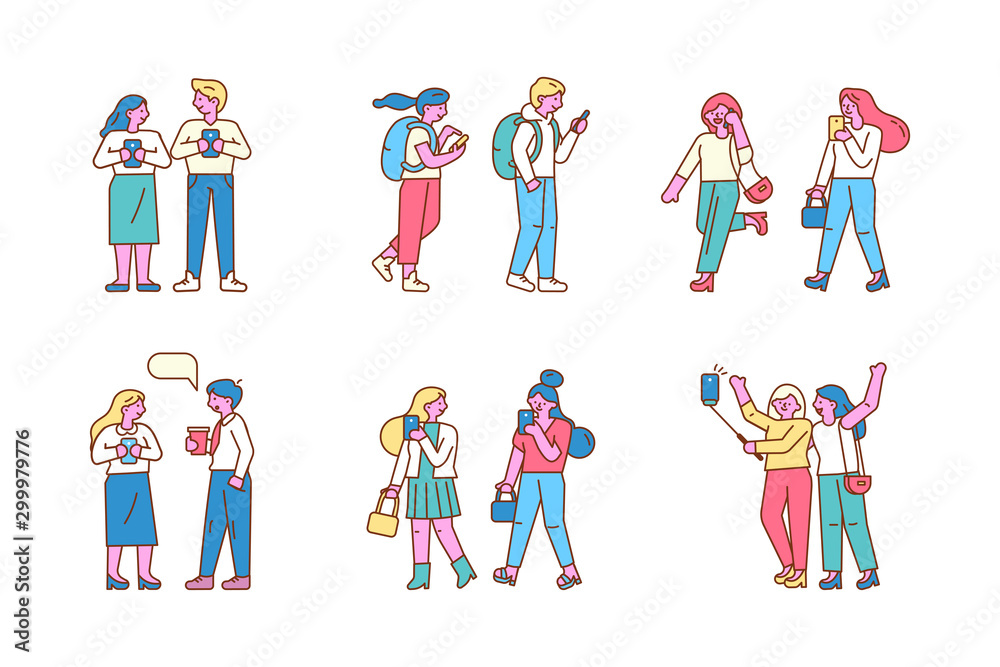 Group of male and female cartoon characters walking with mobile phones. Young men and women holding smartphones, talking. Modern city people.Flat design line style minimal vector
