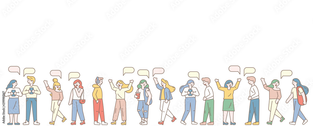 PriModern young people talking, discussing horizontal banner. People crowd.Vector linear characters set. Chat, dialogue speech bubbles. Flat design line style minimal illustration isolated on white.