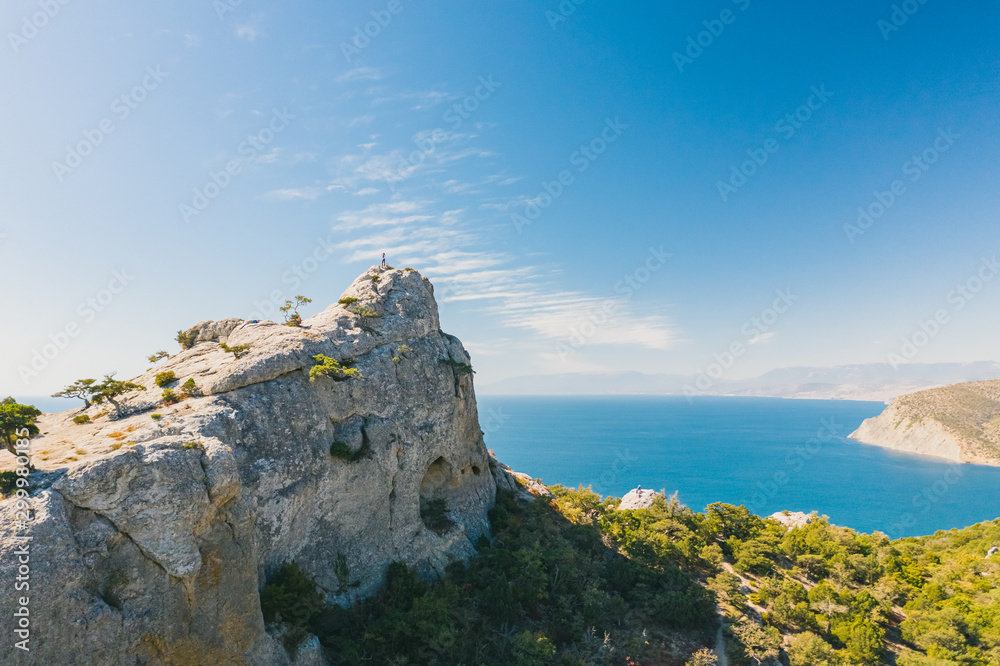 Rock overlooking the sea and the bay. Tourist place in Crimea with a beautiful view of the sea