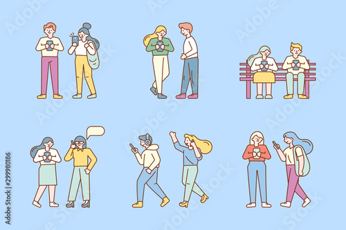 Internet addiction. Men and women use smartphones to communicate. People crowd with gadgets. Flat design line style minimal vector illustration.