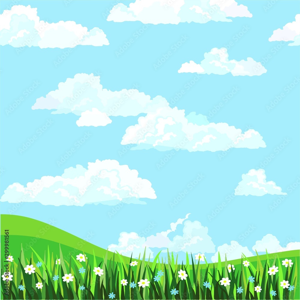 spring background, blue sky with white clouds ,green grass and white flowers, cartoon design
