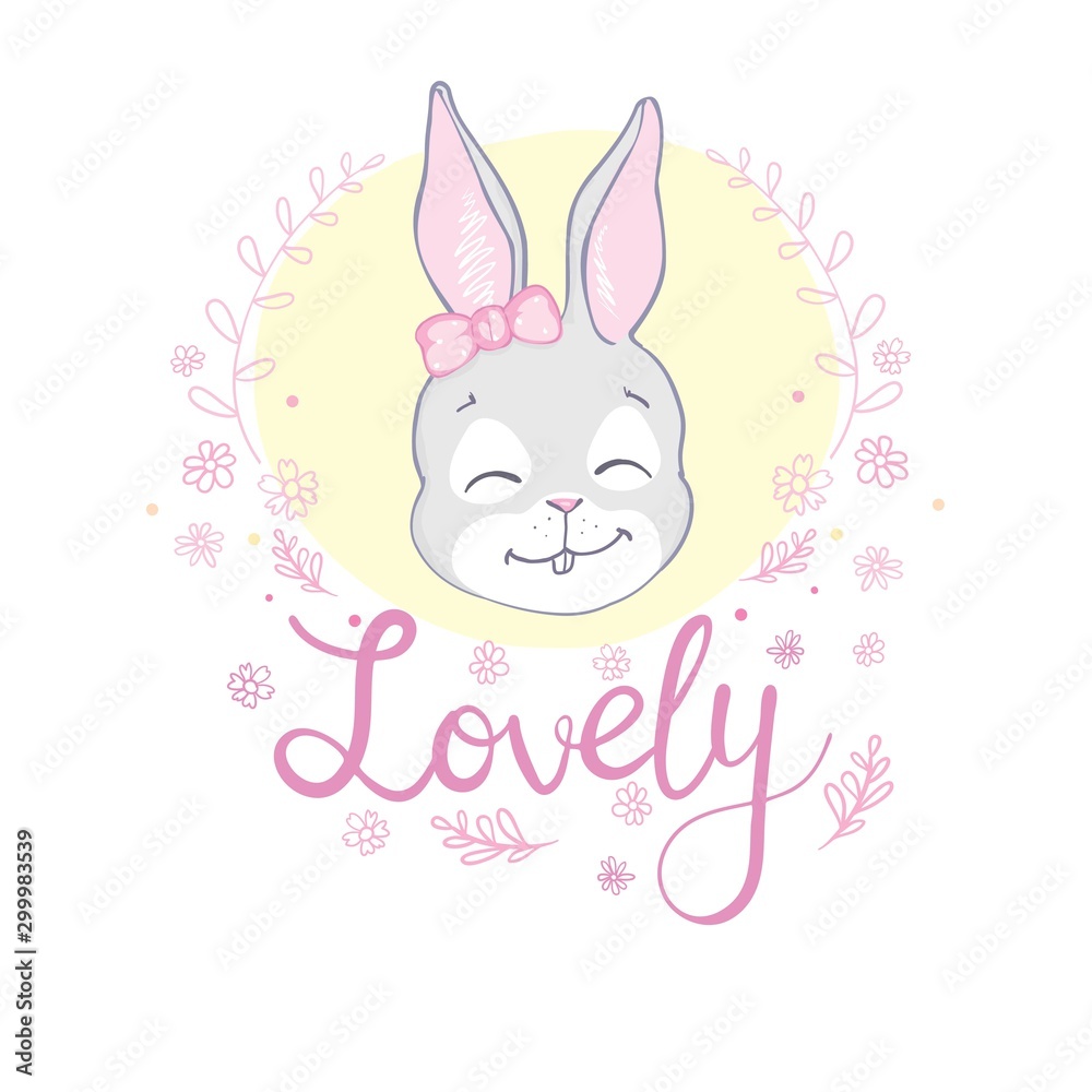 Bunny cute print. Sweet baby boy shower card. Hare fashion child vector. Cool and lovely rabbit illustration for nursery t-shirt, kids apparel, invitation, simple scandinavian child design
