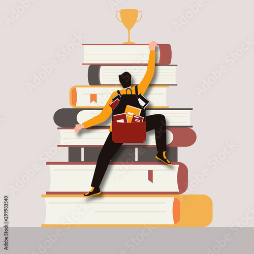 A man with a backpack full of books climbs a mountain of books for a prize goal. Vector illustration.