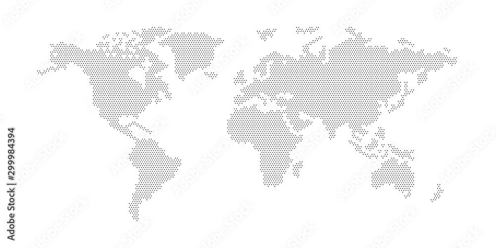 Obraz mapa świata z płaskimi pikselami z Oceanem Atlantyckim w projektowaniu punktów kropek sześciokątów. Planeta Ziemia tło Kropkowane banner. Wszystkie kontynenty świata na jednym zdjęciu sześciokąta piksel Kropkowany.