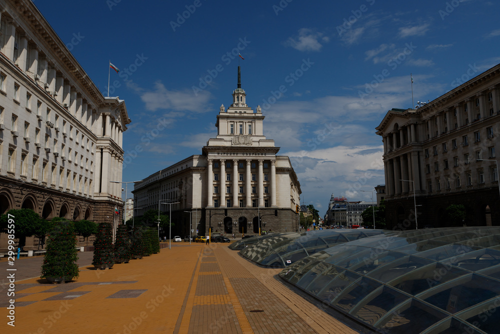 National assembly building in Sofia as seen from Zum shopping centre (Sofia, Bulgaria, Europe)