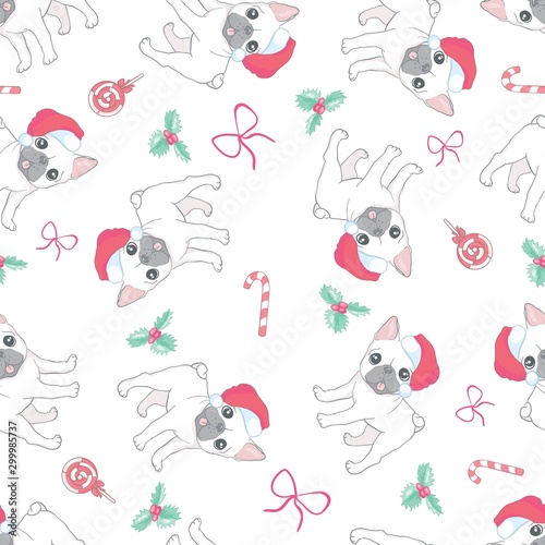 Seamless pattern French bulldogs with Santa hats
