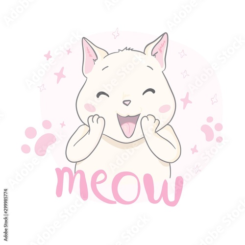 Cute cat vector design.Children illustration for School books and more.Meow slogan. Animal print.