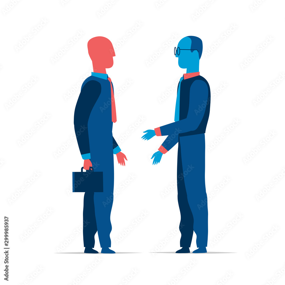 Two businessmen standing and talking. Vector illustration isolated on white background 