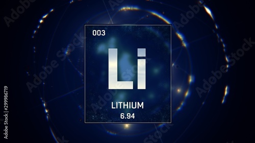 3D illustration of Lithium as Element 3 of the Periodic Table. Blue illuminated atom design background with orbiting electrons. Design shows name, atomic weight and element number photo